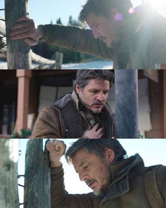 Three images of Pedro Pascal from the Last of Us series, showing him experiencing a panic attack.