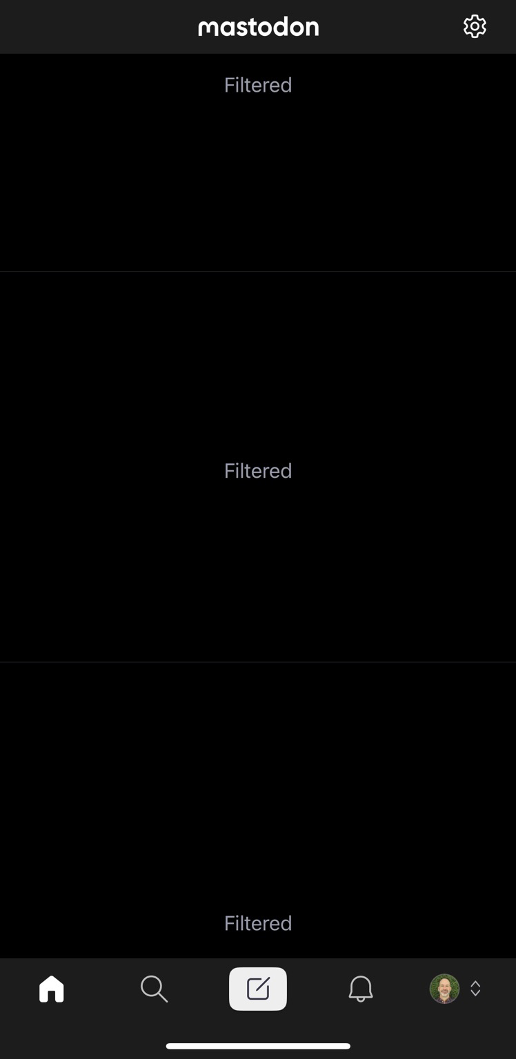 A series of three consecutive filtered Mastodon posts. There is no unfiltered content visible on the screen.