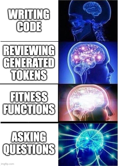 WRITING
CODE
REVIEWING
GENERATED
TOKENS
FITNESS
FUNCTIONS
ASKING
QUESTIONS
imgflip.com