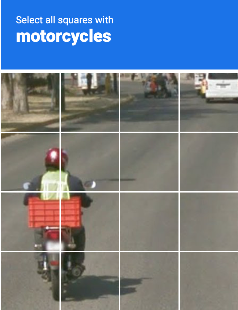 CAPTCHA with prompt: Select all squares with
motorcycles