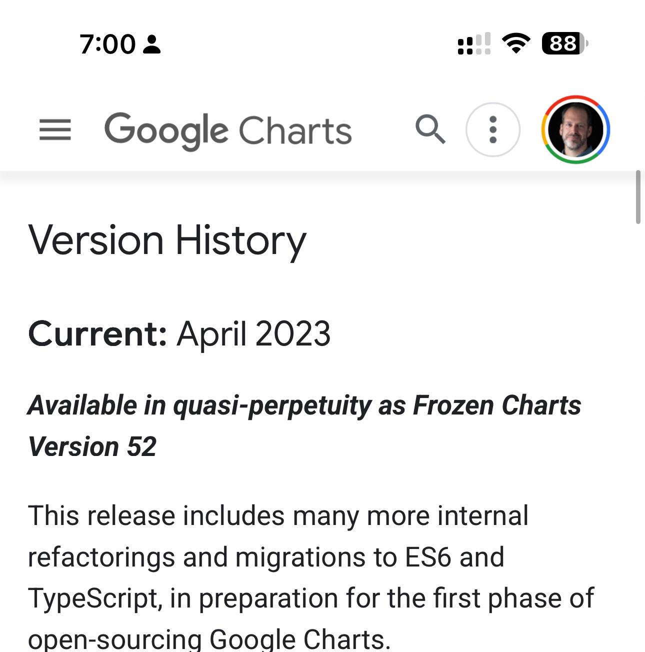 7:00 ₫
88
= Google Charts
Version History
Current: April 2023
Available in quasi-perpetuity as Frozen Charts
Version 52
This release includes many more internal
refactorings and migrations to ES6 and
TypeScript, in preparation for the first phase of
open-sourcing Gooqle Charts.