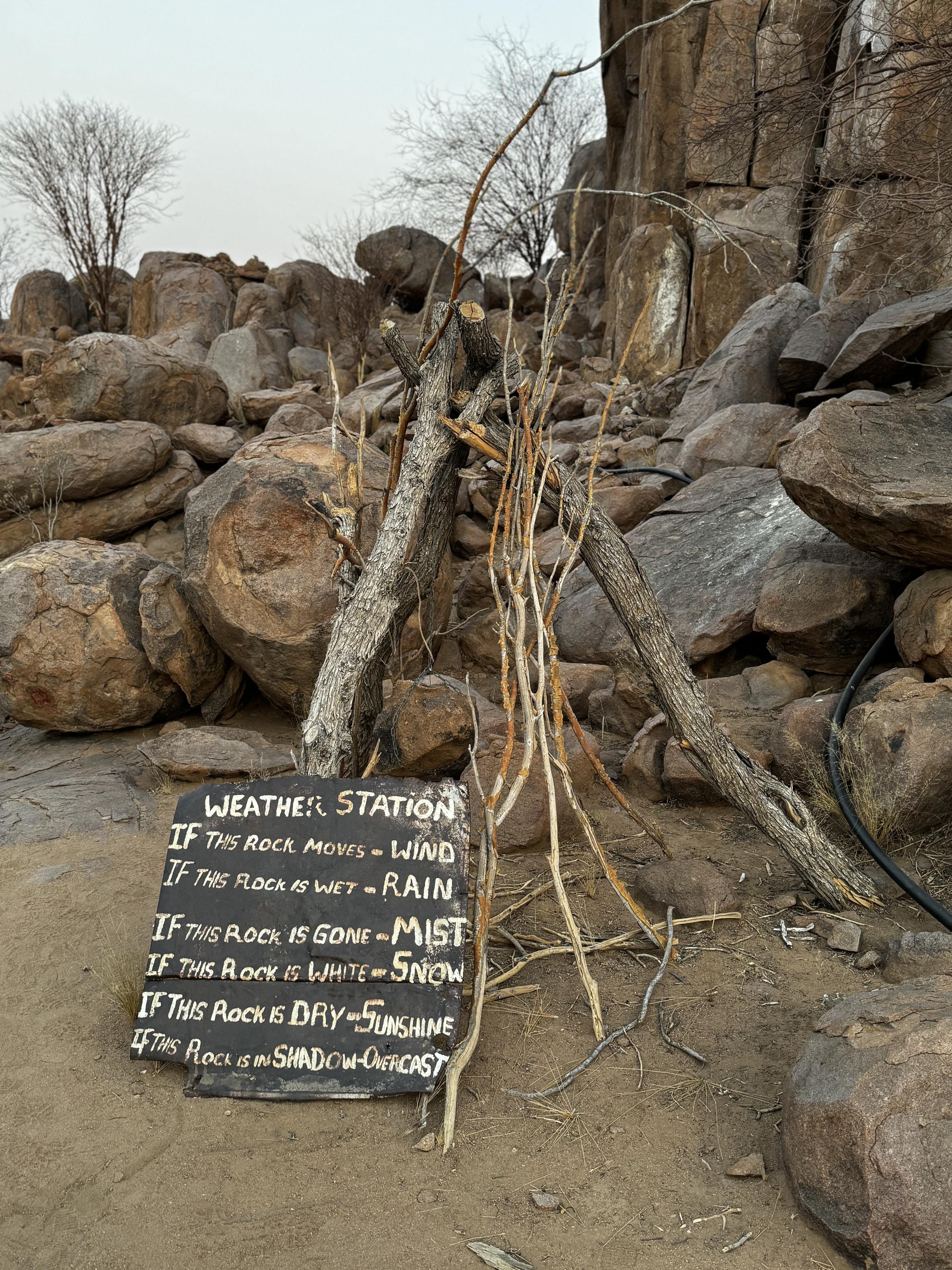 WEATHER STATION
IF THIS ROCK MOVES - WIND
IF THIS ROCK IS WET - RAIN
IF THIS ROCK IS GONE -MIST
IF THIS ROCK IS WHITE SNOW
IF THIS ROCK IS DRY SINSHINE
4THIS ROCK IS IN SHADOW-OVERCAST