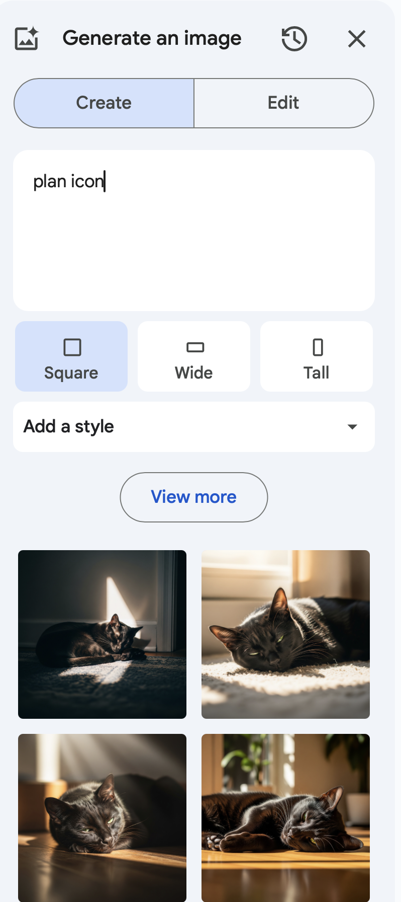 The Google Slide side panel generating four images in response to submitting"plan icon" input. The four images are of cat lounging in the sun.